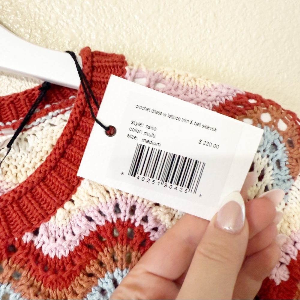 NWT 27 Miles Malibu Reno Crochet dress w lettuce trim & bell sleeves multicolor - Picture 6 of 8